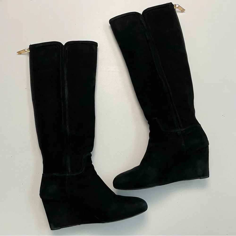 Tory Burch Boots Irene Wedge Tall Softy Suede Leather Logo Black